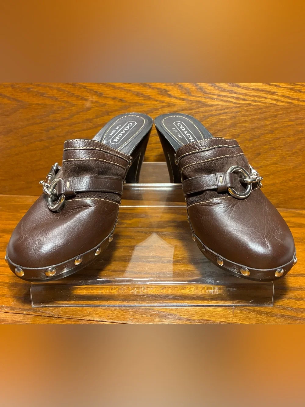 Y2K VTG Coach Horsebit Stud Wooden Heel Clogs Brown Leather Size 6